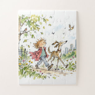Happy Boy and Dog In City Park Jigsaw Puzzle