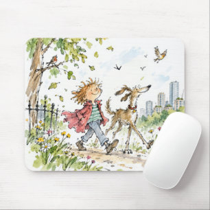 Happy Boy and Dog In City Park Mouse Pad