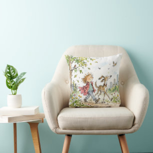 Happy Boy and Dog In City Park Throw Pillow