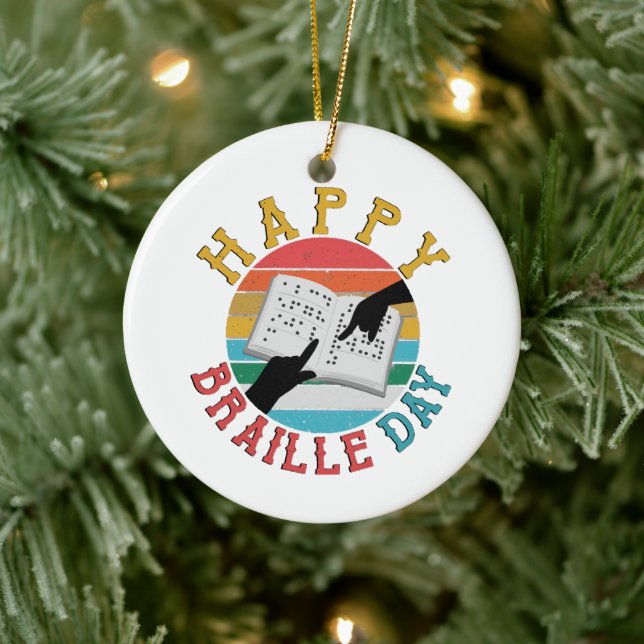 Happy Braille Day Ceramic Ornament (Tree)