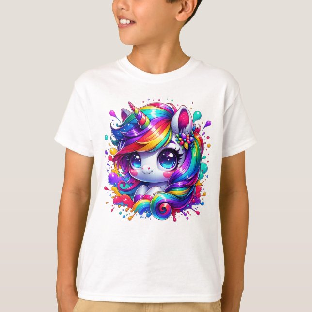 Happy Bright Rainbow Unicorn in Cartoon Style T-Shirt (Front)