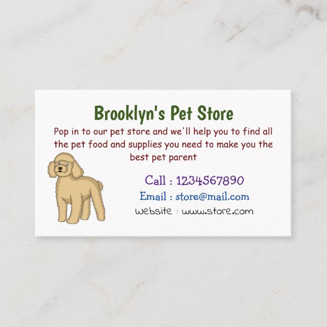 Happy brown poodle cartoon illustration business card (Front)