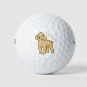 Happy brown poodle cartoon illustration golf balls