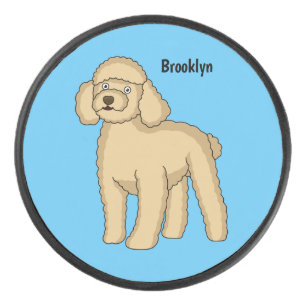 Happy brown poodle cartoon illustration hockey puck