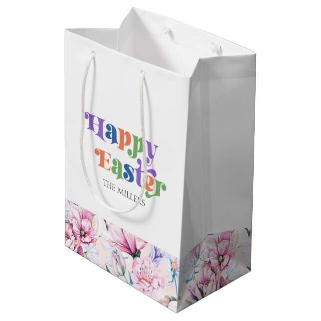 Happy Brunch Typography Pastel Flowers Pattern Medium Gift Bag (Back Angled)