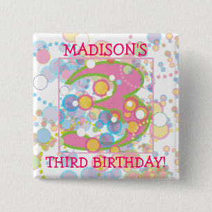 Happy Bubbles Number Three, Three Birthday 2 Inch Square Button