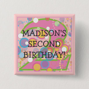Happy Bubbles Number TWO, First Birthday 2 Inch Square Button