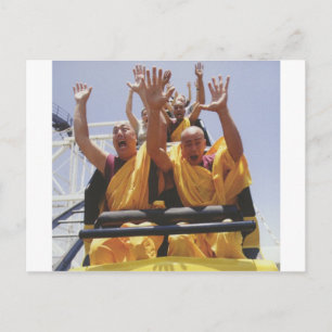 Happy buddhist monks on a roller coaster postcard