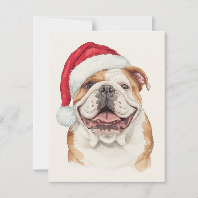 Happy Bulldog Watercolor Santa Hat Art Holiday Card (Front)