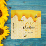 Happy bumble bees honeycomb sweet honey school binder<br><div class="desc">Yellow background with a golden honeycomb pattern. Decorated with dripping honey and happy bumble bees. Personalize and add your monogram initials, name and a title. Yellow and black letters. The name is written with a modern hand lettered style script. Add your own text on the spine. For school, work, your...</div>