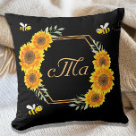 Happy bumble bees sunflowers black couple monogram throw pillow<br><div class="desc">A chic black background. With a faux gold geometric frame.  Decorated with watercolored yellow and orange sunflowers,  greenery and happy smiling bumble bees.  Personalize and add your monogram letters,  initials. Your family name's initial in the middle with a capital letter. Golden letters.  Perfect for your summer home!</div>