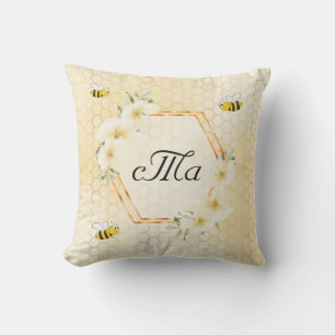 Happy bumble bees yellow honeycomb couple monogram outdoor pillow