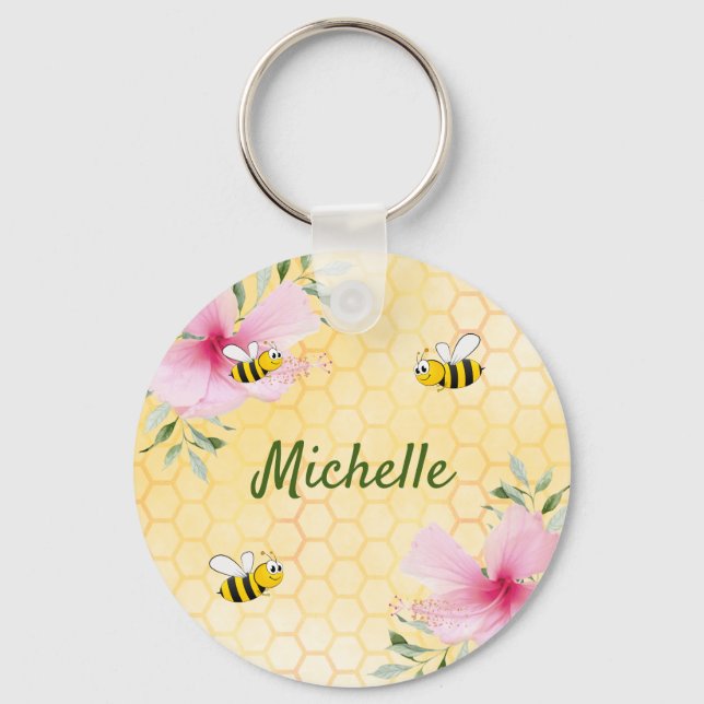 Happy bumble bees yellow honeycomb cute name keychain (Front)