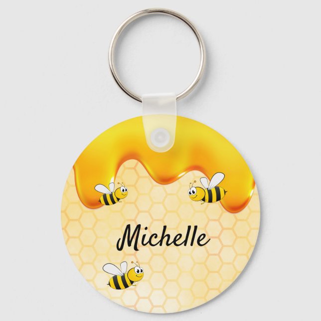 Happy bumble bees yellow honeycomb cute name keychain (Front)
