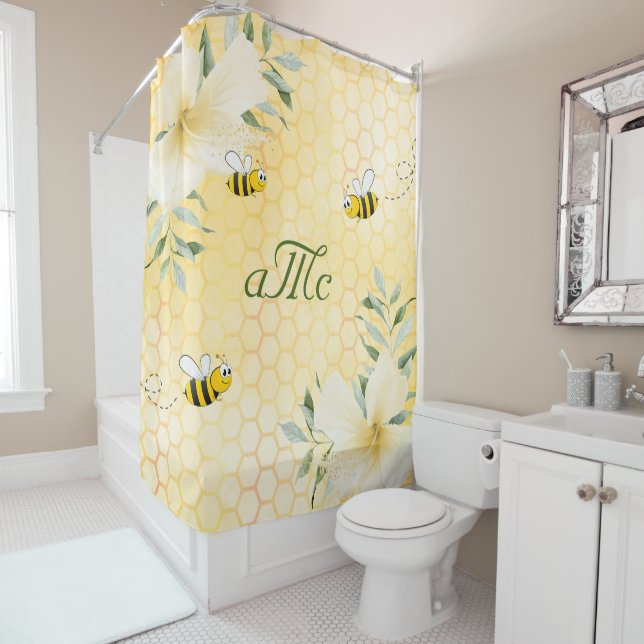 Happy bumble bees yellow honeycomb floral monogram (In Situ)