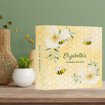 Happy bumble bees yellow honeycomb food recipes binder<br><div class="desc">Yellow,  white background with a honeycomb pattern. Decorated with light yellow,  cream coloured tropical florals flowers,  hibiscus and happy bumble bees. Your name written with a green hand lettered style script. Text: Summer Recipes. Template for your text on the spine.</div>