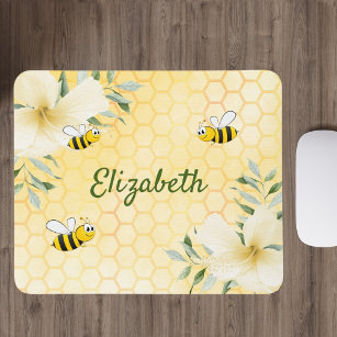 Happy bumble bees yellow honeycomb summer name mouse pad