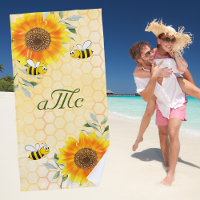 Happy bumble bees yellow sunflower couple monogram