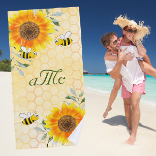 Happy bumble bees yellow sunflower couple monogram beach towel