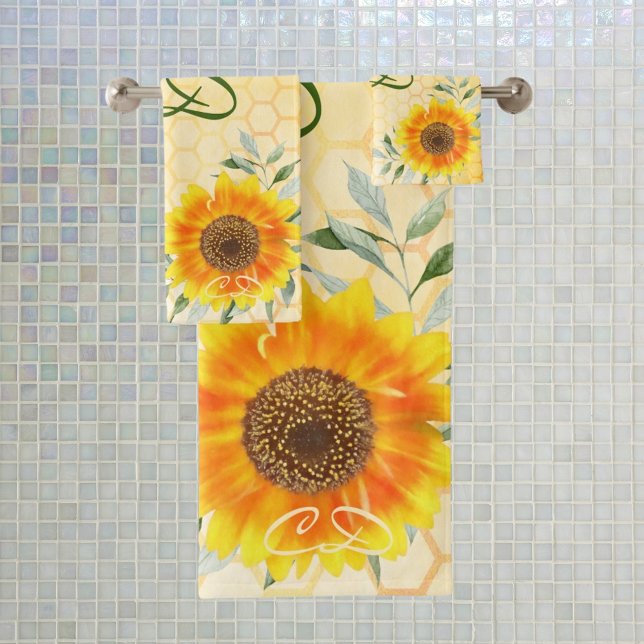 Happy bumble bees yellow sunflower floral monogram bath towel set (Creator Uploaded)