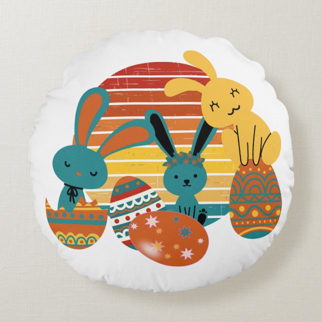 Happy Bunny, Easter Egg, Cute Round Pillow (Front)
