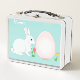 Happy bunny, egg and flowers on light blue metal lunch box