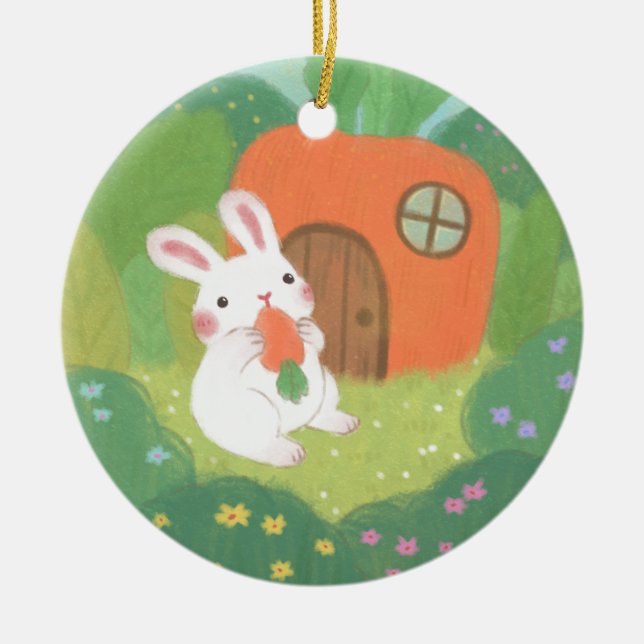Happy Bunny with Carrot in Forest Ceramic Ornament (Front)