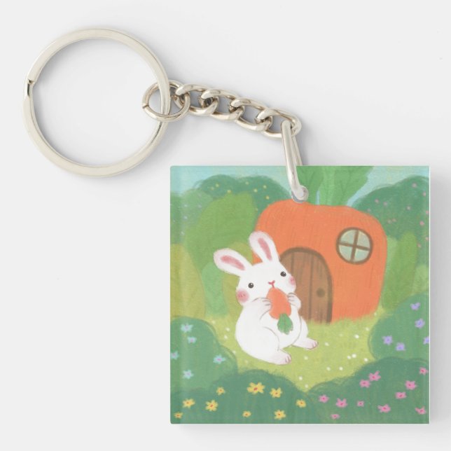 Happy Bunny with Carrot in Forest Keychain (Front)
