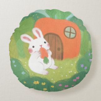 Happy Bunny with Carrot in Forest Round Pillow