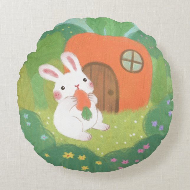 Happy Bunny with Carrot in Forest Round Pillow (Front)