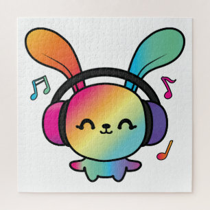 Happy Bunny with headphones listening to music.  Jigsaw Puzzle