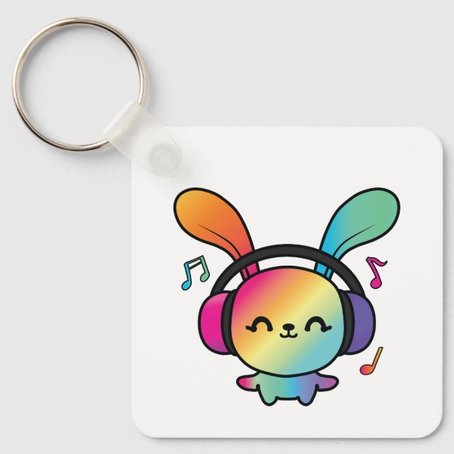 Happy Bunny with headphones listening to music.  Keychain (Front)