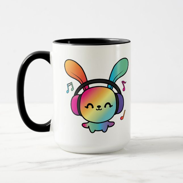 Happy Bunny with headphones listening to music.  Mug (Left)