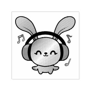 Happy Bunny with headphones listening to music.  Self-inking Stamp