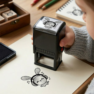 Happy Bunny with headphones listening to music.  Self-inking Stamp