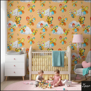 Happy Butterfly Cloud Sky Pattern - Peach Orange Wallpaper