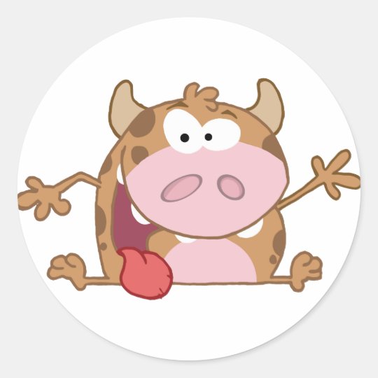 Happy Calf Cartoon Character Waving A Greeting Classic Round Sticker