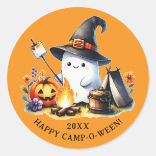 Happy Camp-o-ween Ghost Camping Halloween Orange Classic Round Sticker