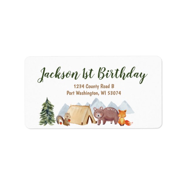 Happy Camper 1st Birthday Pine Trees Address Label (Front)