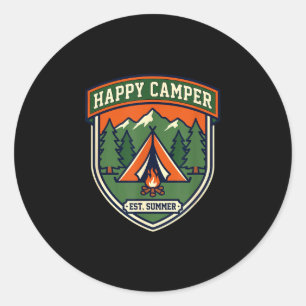 Happy camper badge tent mountain campfire vintage classic round sticker