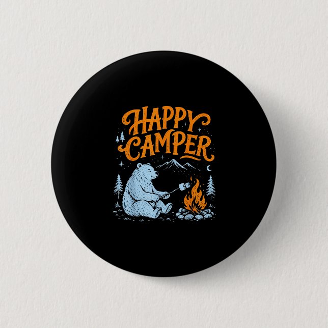 Happy camper bear roasting marshmallows design  2 inch round button (Front)