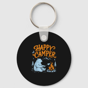 Happy camper bear roasting marshmallows design keychain