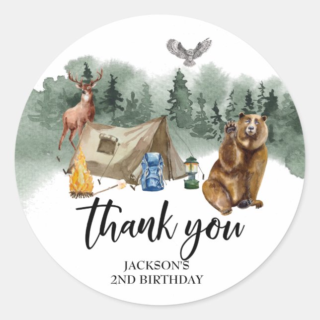 Happy Camper Bear Thank you Birthday Favour  Classic Round Sticker (Front)