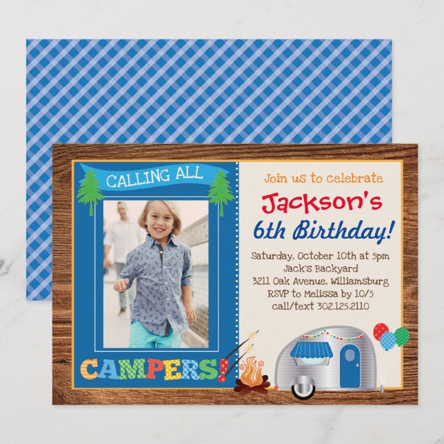 Happy Camper Boy Photo Birthday Party Invitation (Front/Back)