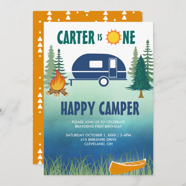 Happy Camper Boys First Birthday Invitation (Front/Back)