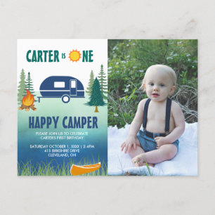 Happy Camper Boys First Birthday Photo Invitation