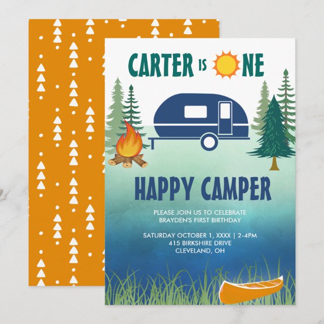 Happy Camper Boys Première Invitation d'anniversai (Devant / Derrière)