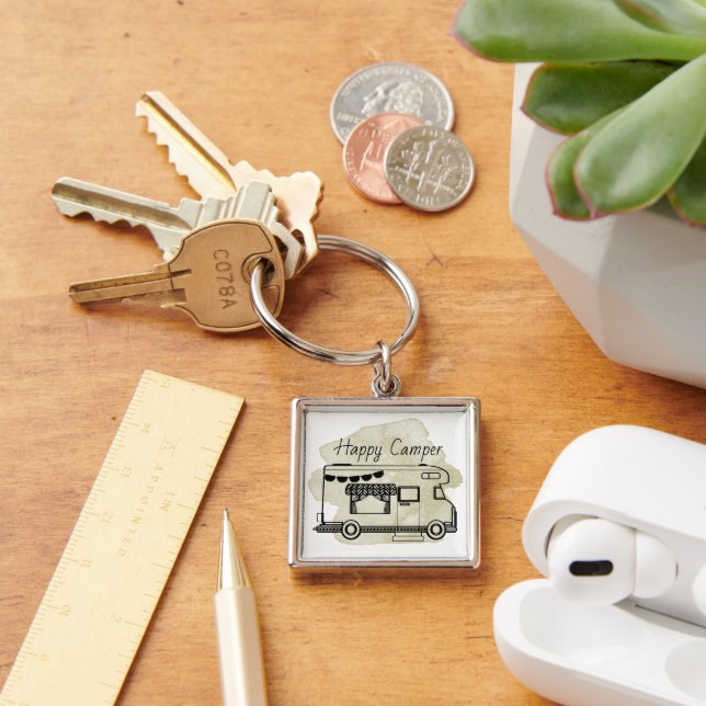 Happy camper caravan trailer boho green abstract  keychain (Desk)