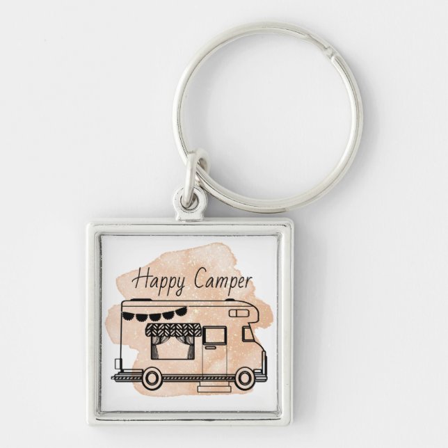 Happy camper caravan trailer boho terracotta keychain (Front)