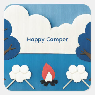 Happy Camper Custom Text with Fire and Marshmallow Square Sticker